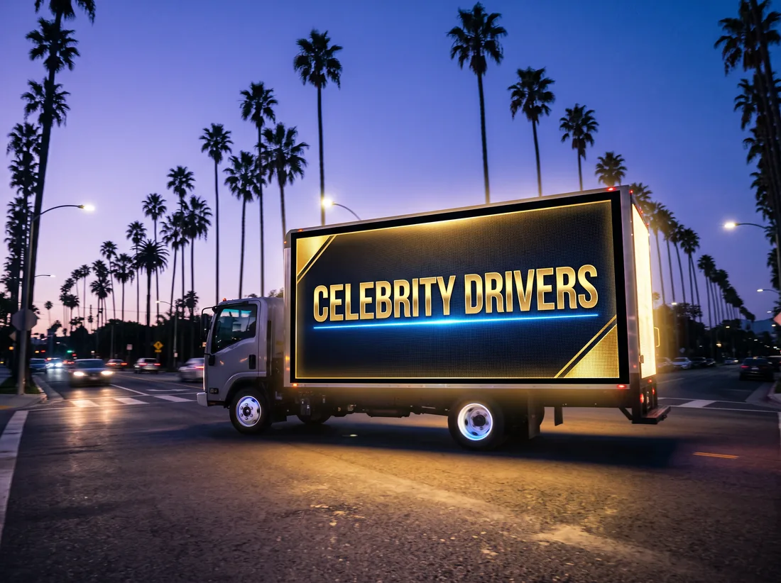 Celebrity Drivers LED billboard truck driving a palm-lined Beverly Hills boulevard at dusk