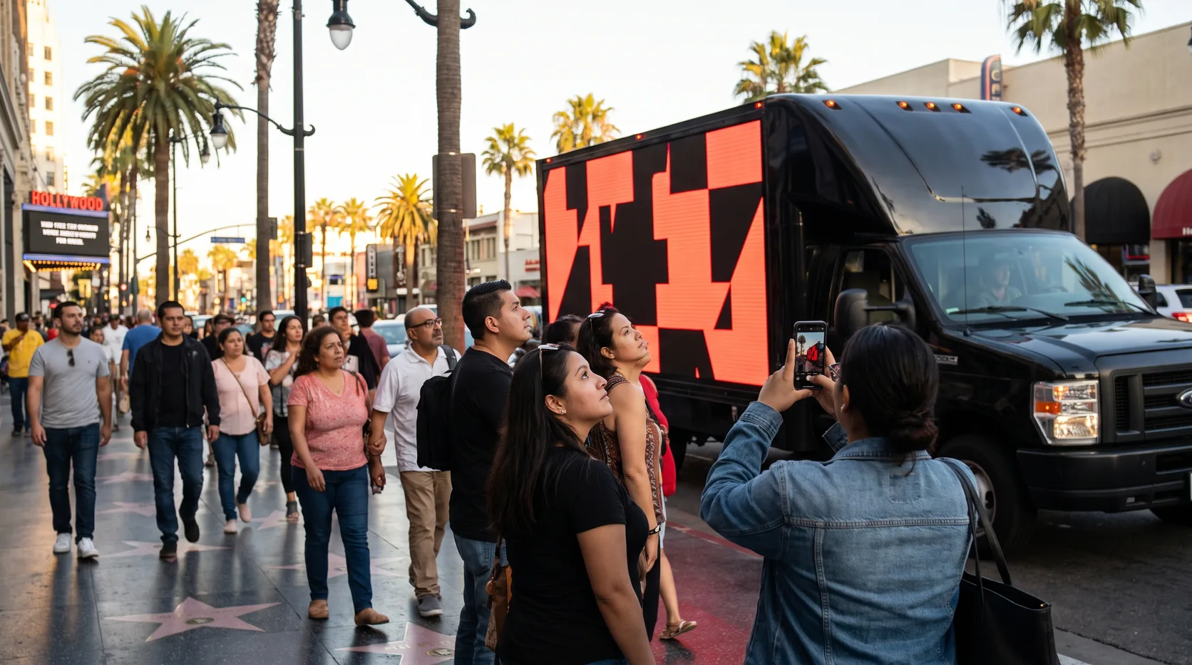 Crowd on the Hollywood Walk of Fame turning to look at and photograph an LED billboard truck at golden hour