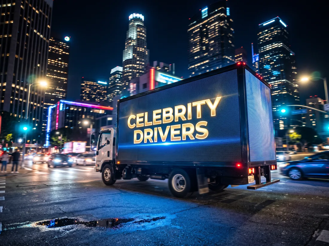 LED billboard truck glowing against the Downtown Los Angeles skyline at night