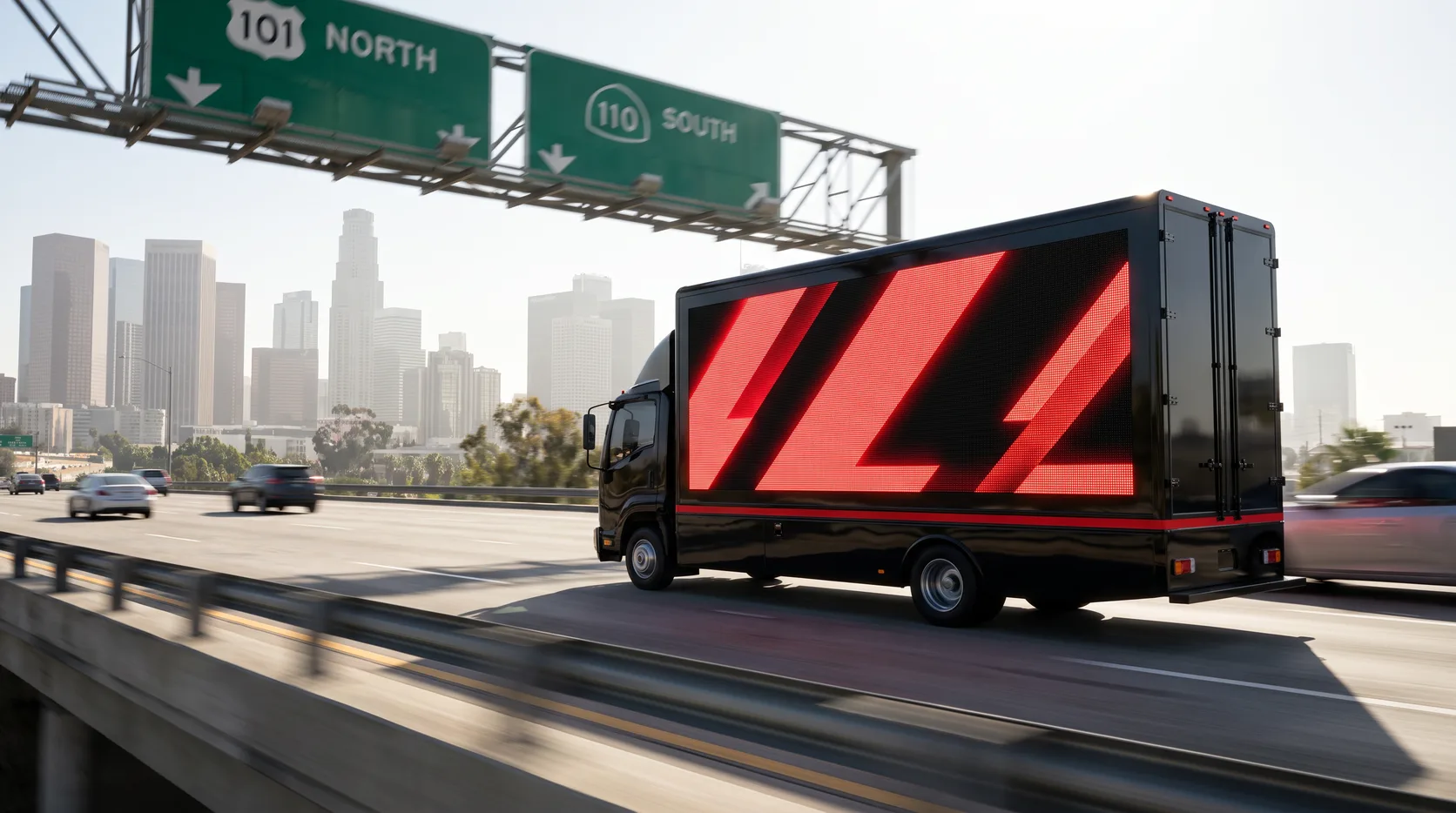 LED billboard truck running the freeway under 101 North and 110 South signs with the Downtown Los Angeles skyline behind