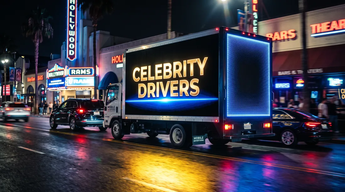 LED billboard truck in motion on Sunset Boulevard