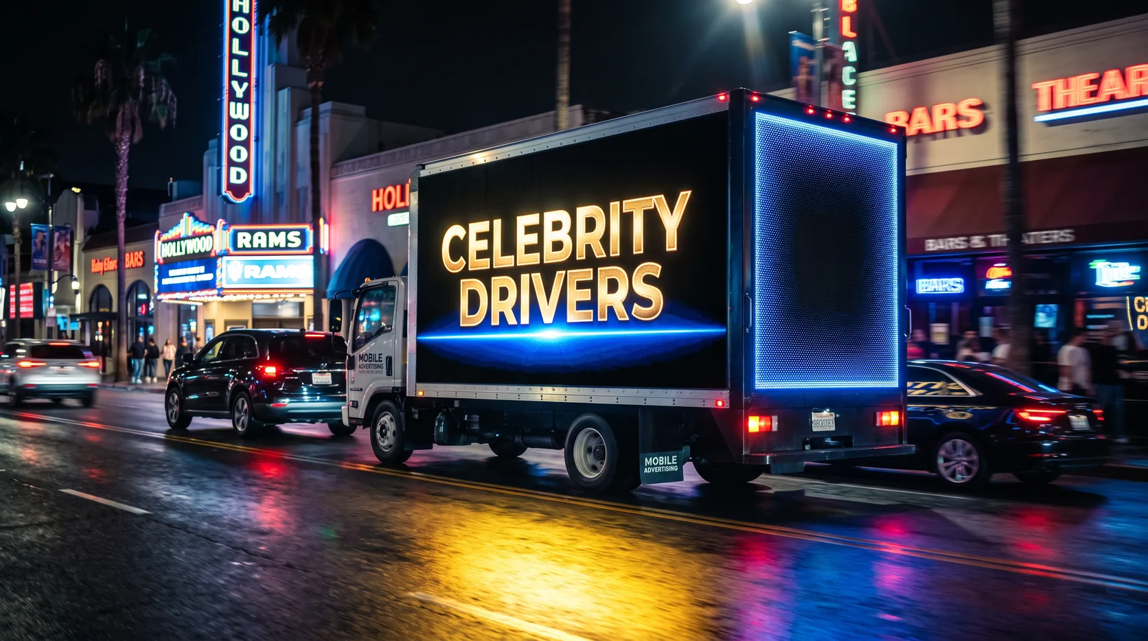 Celebrity Drivers mobile LED billboard truck lit up on Sunset Boulevard at night
