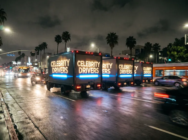 Three Celebrity Drivers LED trucks running in convoy at night
