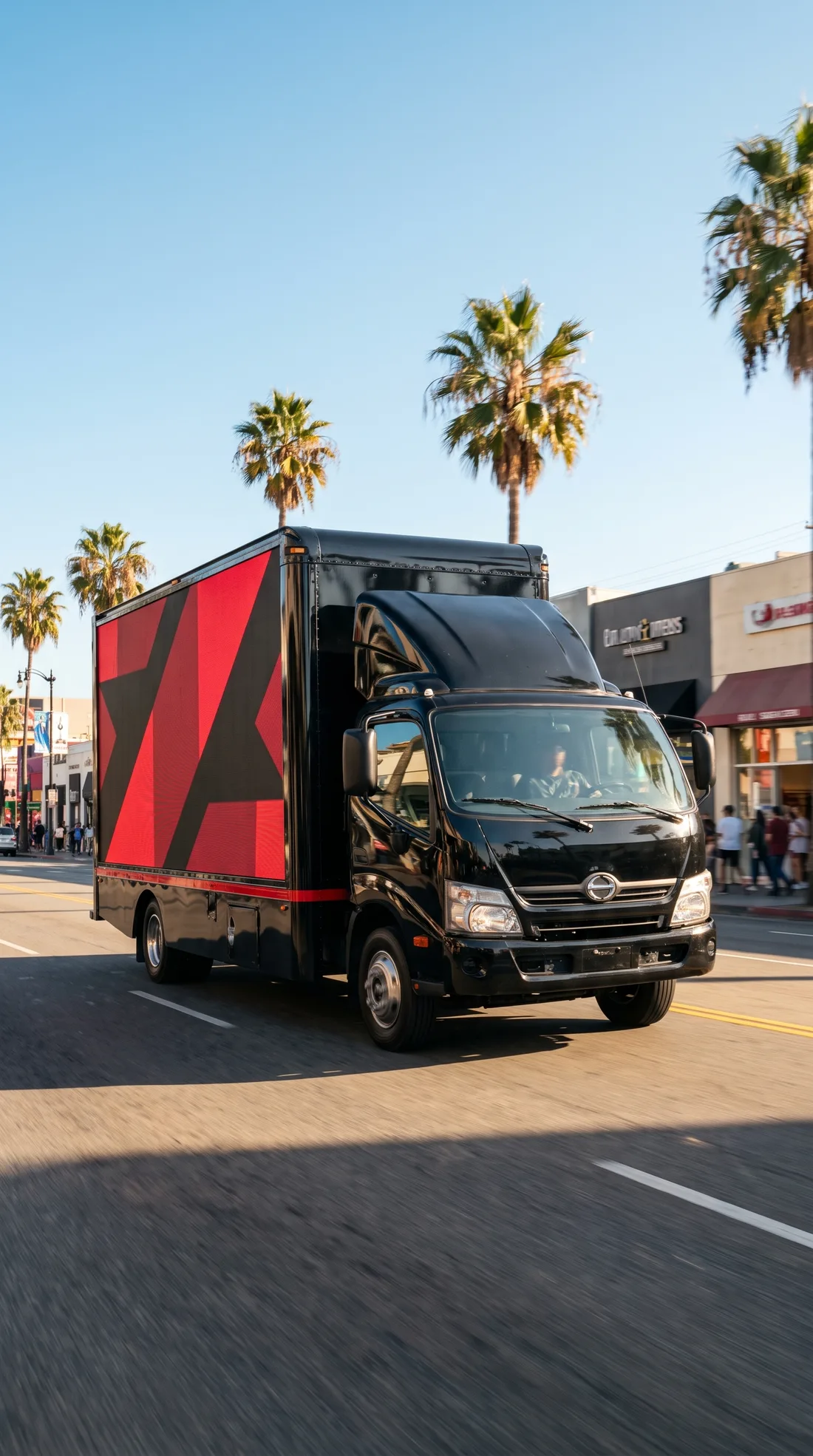 Black Celebrity Drivers LED billboard truck driving a palm-lined Los Angeles boulevard in afternoon sun